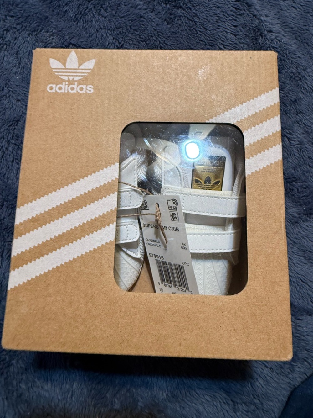 adidas White Superstar Crib Shoes with Gold Trefoil Accent
